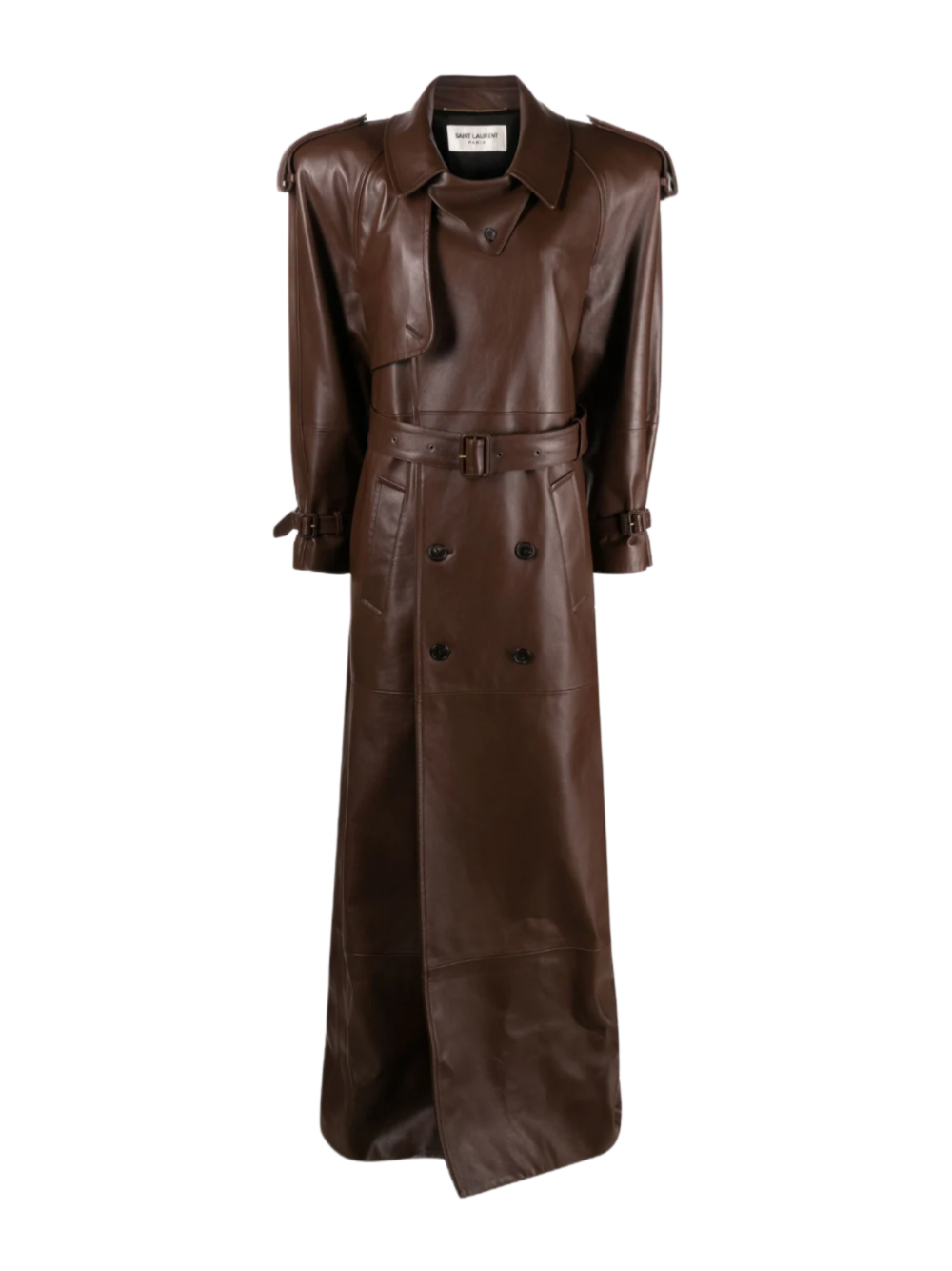 double-breasted leather trench coat