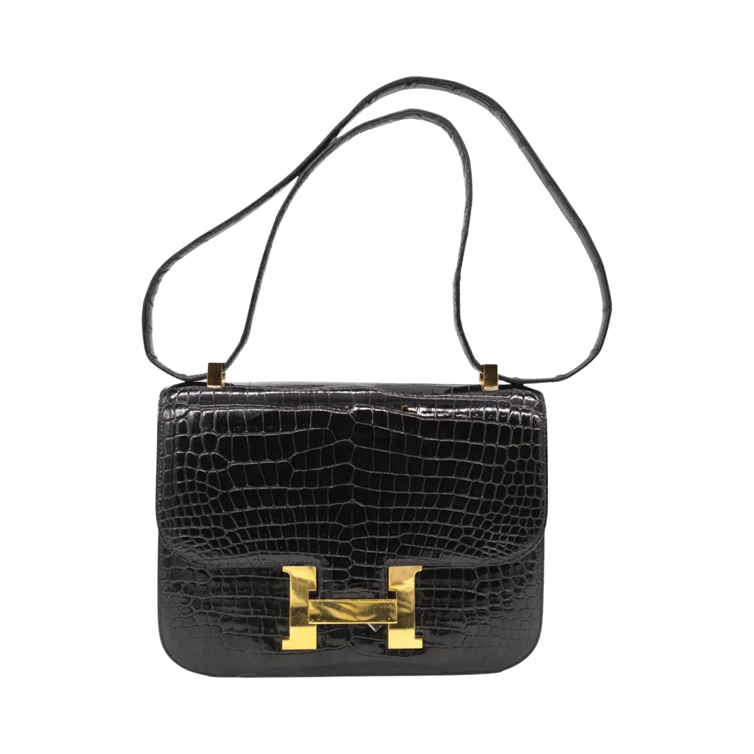 Hermès Shiny Black Porosus Crocodile 23cm Constance Bag with Gold Hardware, 2001