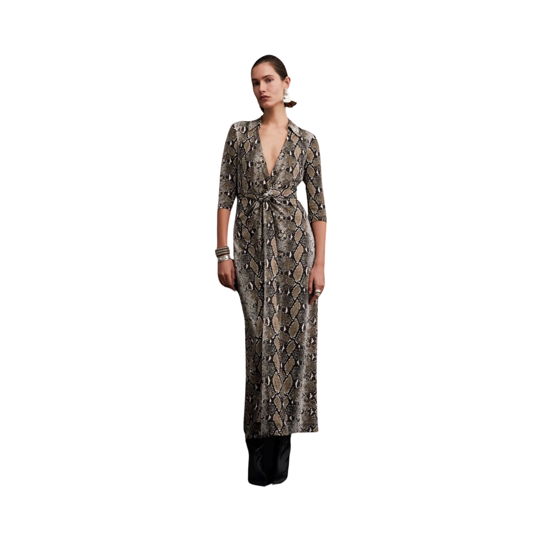 Abigail Silk Jersey Maxi Wrap Dress in Python Brown