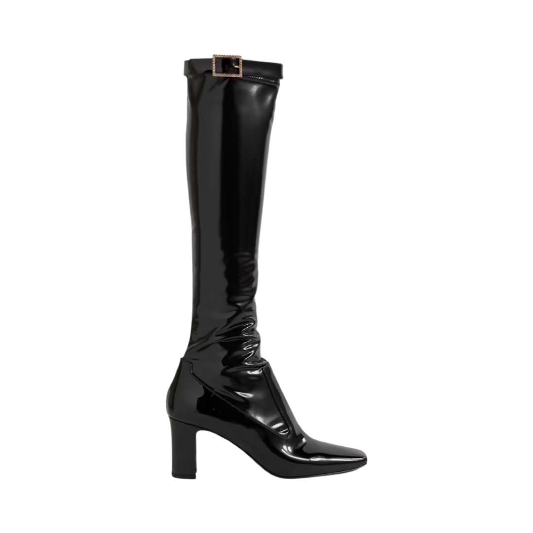 Elle buckled-embellished patent-leather knee boots
