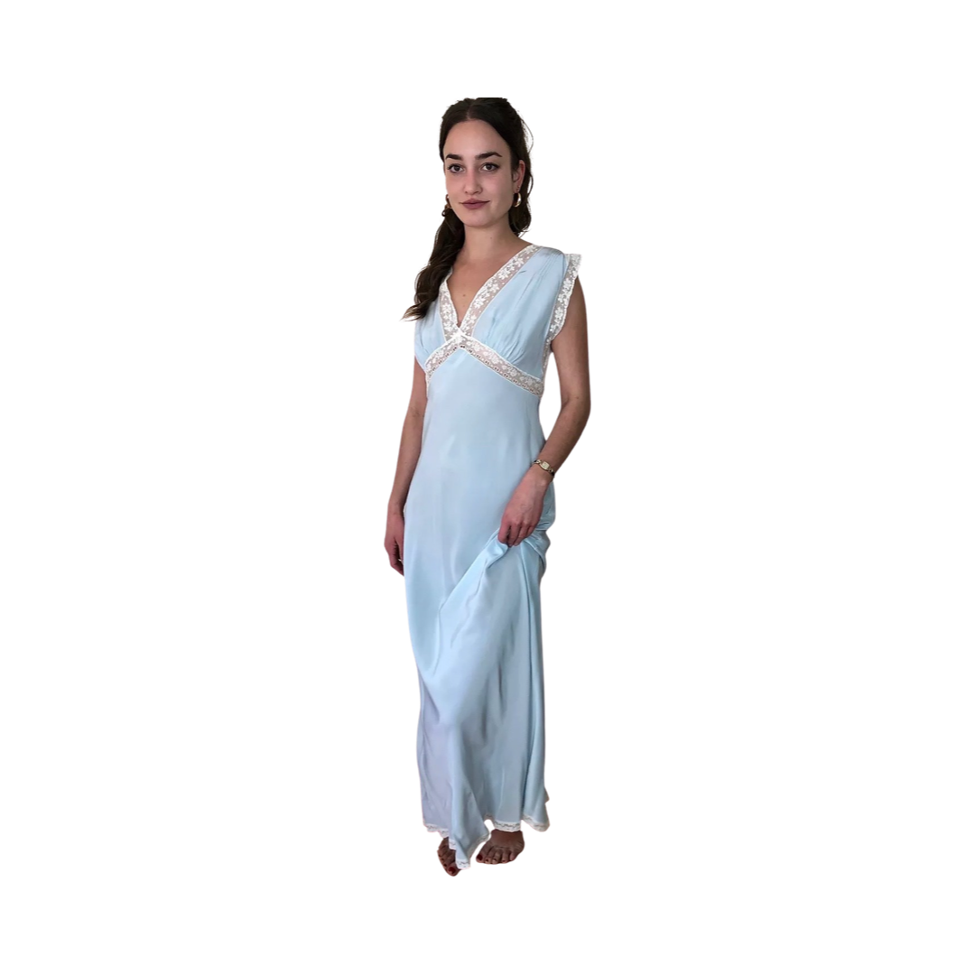 1930s Vintage Baby Blue Rayon Bias Slip Dress with Cotton Lace Selected by Picky Jane