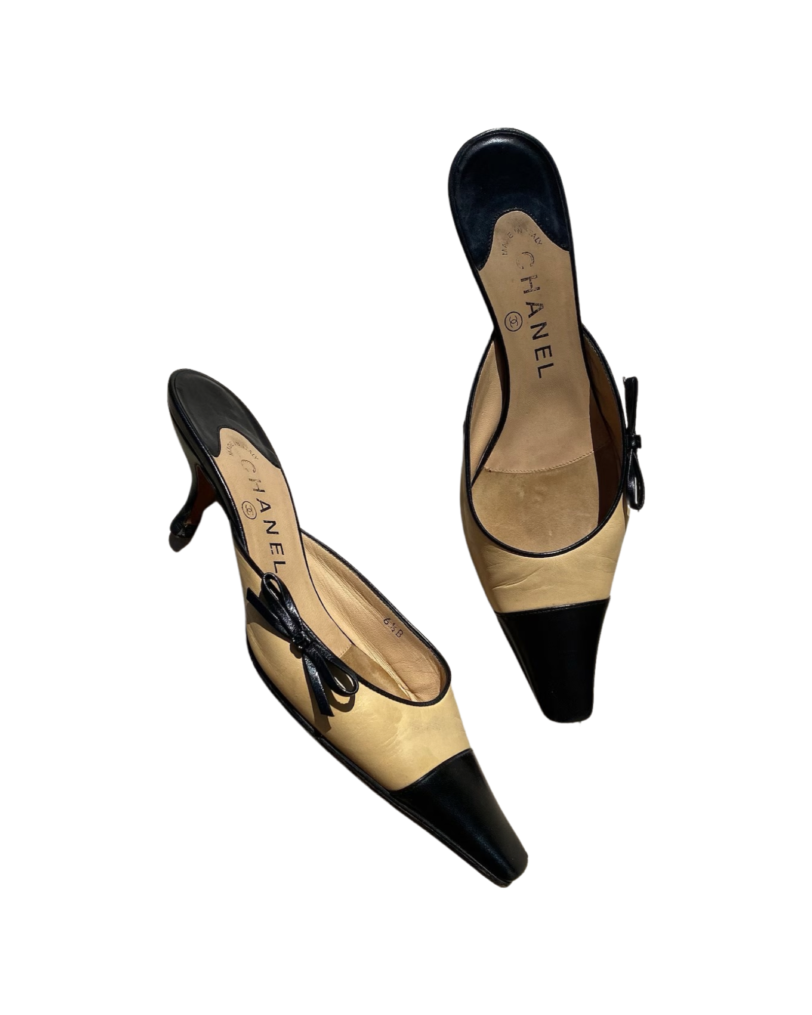 Chanel Vintage Bow Black Tan Kitten pointed toe heels Mules